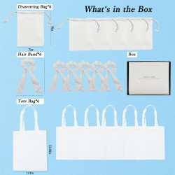 Lot de 18 accessoires de fête tie-dye, comprenant 6 sacs fourre-tout en coton blanc pour teinture, 6 sacs à cordon de serrage, 6 chouchous en coton blanc pour fête sur la plage.