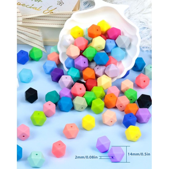 FIVEIZERO Lot de 90 perles hexagonales en silicone, 30 couleurs, 14 mm, pour kit de fabrication de porte-clés, fabrication de cordons, porte-clés, bracelet de Saint-Valentin, projets d'artisanat et bricolage pour adulte