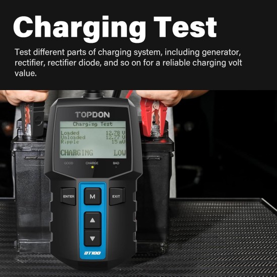 TOPDON BT100 Testeur de batterie de voiture 12 V Testeur de charge, 100-2000 CCA Testeur d'alternateur automobile Analyseur de batterie automatique numérique Testeur de système de démarrage de charge pour voiture camion moto ATV SUV bateau yacht