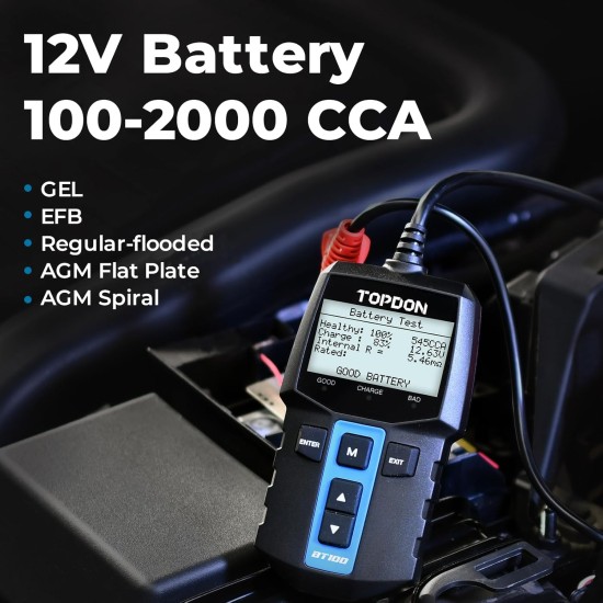 TOPDON BT100 Testeur de batterie de voiture 12 V Testeur de charge, 100-2000 CCA Testeur d'alternateur automobile Analyseur de batterie automatique numérique Testeur de système de démarrage de charge pour voiture camion moto ATV SUV bateau yacht