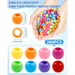 FIVEIZERO 260 pièces de perles de cheveux à grand trou, perles de poney en acrylique 10x12mm pour tresses de cheveux, paquet en vrac-couleurs mélangées pour bracelets et bricolage FIVEIZERO 260 pièces de perles de cheveux à grand trou, perles de poney en acrylique 10x12mm pour tresses de cheveux, paquet en vrac-couleurs mélangées pour bracelets et bricolage