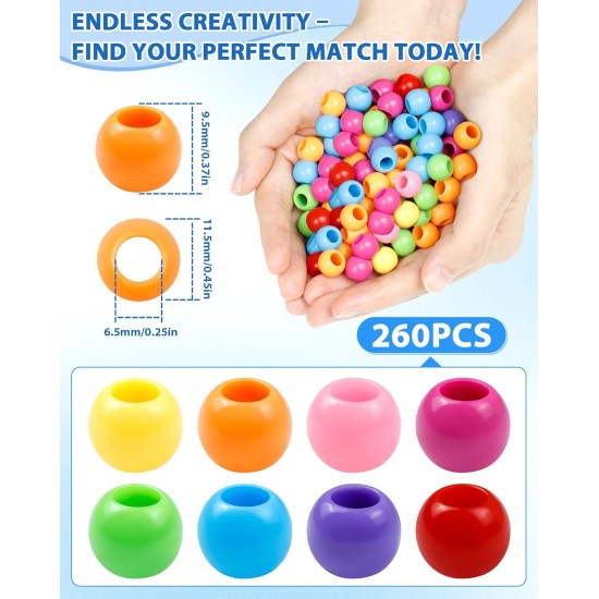 FIVEIZERO 260 pièces de perles de cheveux à grand trou, perles de poney en acrylique 10x12mm pour tresses de cheveux, paquet en vrac-couleurs mélangées pour bracelets et bricolage