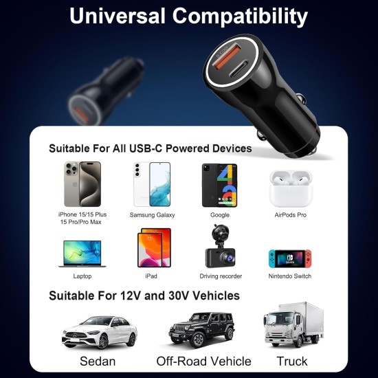 Chargeur de voiture pour iPhone 17 16 15, [certifié Apple MFi] Chargeur de voiture USB C 43 W Charge rapide avec câble de type C vers C de 1 m, adaptateur de voiture USB pour iPhone 17/17 Pro/17 Pro Max/Air/16/15