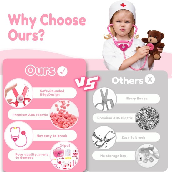 Kit de docteur pour les tout-petits de 3 à 5 ans, ensemble de jeu pour enfants avec costume et stéthoscope, kit de docteur jouets pour 2 3 4 5 6 ans filles garçons filles cadeau de Noël/anniversaire, rose