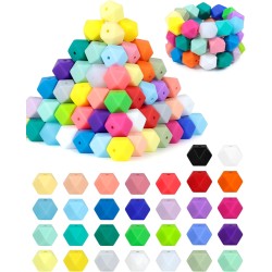 FIVEIZERO Lot de 90 perles hexagonales en silicone, 30 couleurs, 14 mm, pour kit de fabrication de porte-clés, fabrication de cordons, porte-clés, bracelet de Saint-Valentin, projets d'artisanat et bricolage pour adulte