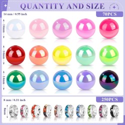 Lot de 320 perles pour stylos, perles focales de 14 mm et perles d'espacement en strass de 8 mm, adaptées pour les stylos, bracelets, porte-clés, fabrication de bijoux, perles acryliques arc-en-ciel, cadeaux de Noël