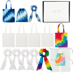 Lot de 18 accessoires de fête tie-dye, comprenant 6 sacs fourre-tout en coton blanc pour teinture, 6 sacs à cordon de serrage, 6 chouchous en coton blanc pour fête sur la plage.