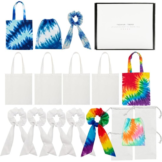 Lot de 18 accessoires de fête tie-dye, comprenant 6 sacs fourre-tout en coton blanc pour teinture, 6 sacs à cordon de serrage, 6 chouchous en coton blanc pour fête sur la plage.