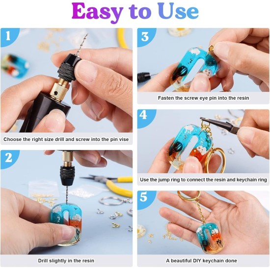 LET'S RESIN Perceuse électrique, 74 pièces, perceuse à main avec pince à 3 mâchoires, applicable à une plus grande plage de perçage (0-3 mm), kit de fabrication de porte-clés, kit de fabrication de bijoux, pince à bec, outils de bijoux, pour résine