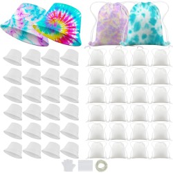 Silkfly Lot de 48 ensembles de teinture comprenant 24 chapeaux bob en coton blanc et 24 sacs à cordon en coton blanc pour cadeau de teinture par nouage, bricolage vierge avec accessoire pour cadeaux de fête DIY