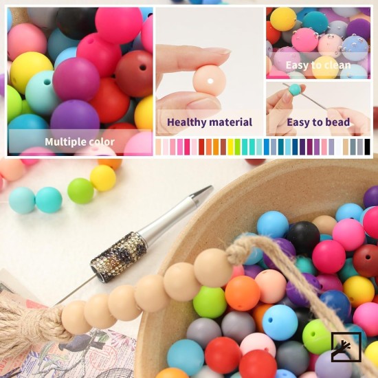 ZIFTY Lot de 240 perles en silicone pour kit de fabrication de porte-clés, perles de 15 mm en vrac, 30 couleurs, perles focales rondes en caoutchouc de silicone pour stylos, kit de fabrication de colliers et de bracelets, bijoux, art, artisanat, bricolage