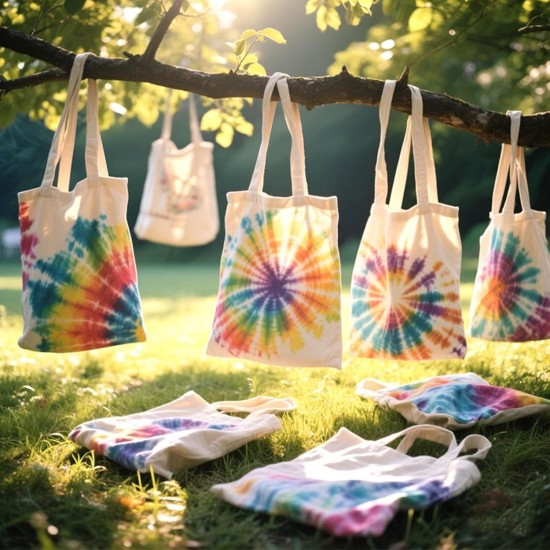Lot de 18 accessoires de fête tie-dye, comprenant 6 sacs fourre-tout en coton blanc pour teinture, 6 sacs à cordon de serrage, 6 chouchous en coton blanc pour fête sur la plage.
