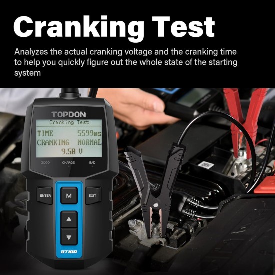 TOPDON BT100 Testeur de batterie de voiture 12 V Testeur de charge, 100-2000 CCA Testeur d'alternateur automobile Analyseur de batterie automatique numérique Testeur de système de démarrage de charge pour voiture camion moto ATV SUV bateau yacht