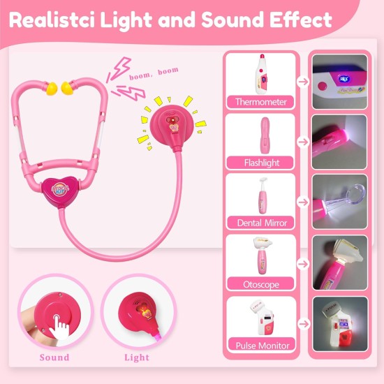 Kit de docteur pour les tout-petits de 3 à 5 ans, ensemble de jeu pour enfants avec costume et stéthoscope, kit de docteur jouets pour 2 3 4 5 6 ans filles garçons filles cadeau de Noël/anniversaire, rose