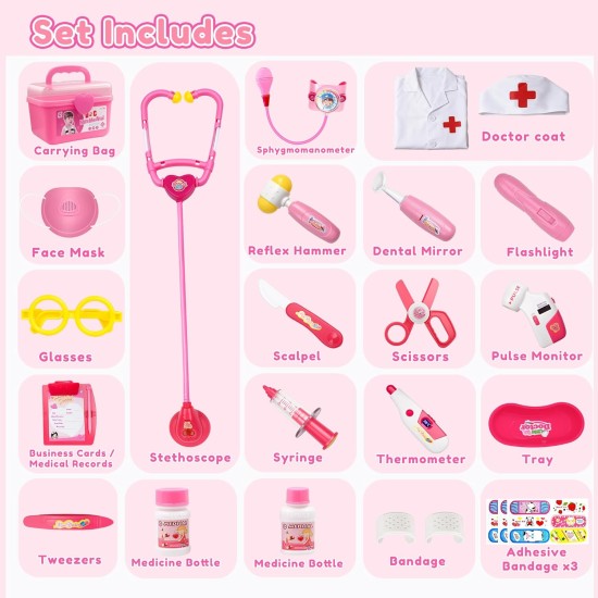 Kit de docteur pour les tout-petits de 3 à 5 ans, ensemble de jeu pour enfants avec costume et stéthoscope, kit de docteur jouets pour 2 3 4 5 6 ans filles garçons filles cadeau de Noël/anniversaire, rose