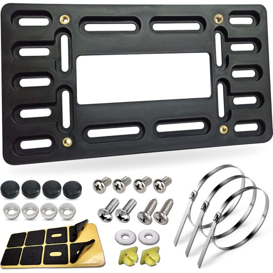 BGGTMO Support de plaque d'immatriculation - Kit de montage de plaque d'immatriculation avant, adaptateur universel de montage de cadre d'étiquette de pare-chocs de voiture avec bouchon à vis en acier inoxydable, attaches de câble