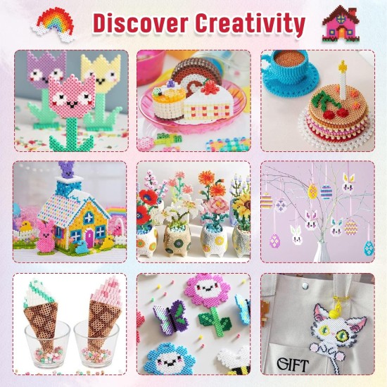 QUEFE Kit de 5 200 perles à fusibles pour garçons et filles, 24 couleurs, ensemble de perles fondantes de 5 mm comprenant des panneaux perforés, du papier à repasser, des pinces à épiler, des crochets colorés pour un cadeau d'anniversaire et de Noël