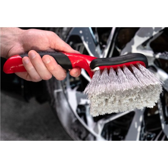 Brosse de lavage de voiture Mothers, brosse pour roues et garde-boue, nettoyant pour pneus à manche court pour les détails de voiture, 10 pouces, rouge/noir