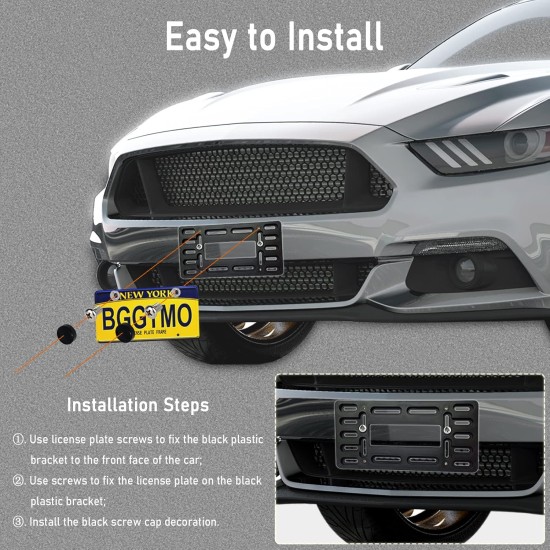 BGGTMO Support de plaque d'immatriculation - Kit de montage de plaque d'immatriculation avant, adaptateur universel de montage de cadre d'étiquette de pare-chocs de voiture avec bouchon à vis en acier inoxydable, attaches de câble