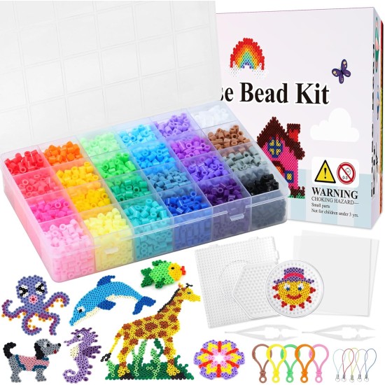 QUEFE Kit de 5 200 perles à fusibles pour garçons et filles, 24 couleurs, ensemble de perles fondantes de 5 mm comprenant des panneaux perforés, du papier à repasser, des pinces à épiler, des crochets colorés pour un cadeau d'anniversaire et de Noël