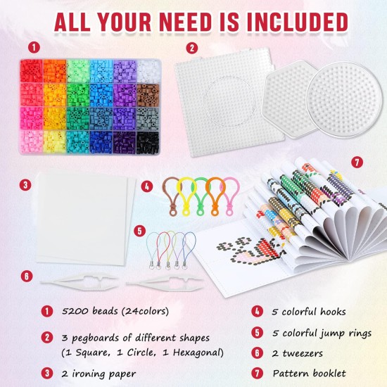 QUEFE Kit de 5 200 perles à fusibles pour garçons et filles, 24 couleurs, ensemble de perles fondantes de 5 mm comprenant des panneaux perforés, du papier à repasser, des pinces à épiler, des crochets colorés pour un cadeau d'anniversaire et de Noël