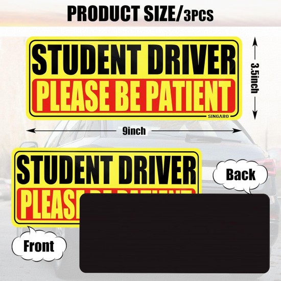 SINGARO Aimant de conducteur étudiant pour voiture – Veuillez être patient, 3 autocollants magnétiques réfléchissants pour novice, autocollant de nouveau conducteur, accessoires extérieurs de voiture amovibles