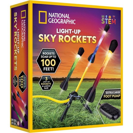 NATIONAL GEOGRAPHIC Air Rocket Toy – Lance-roquettes LED ultime pour enfants, sautez et lancez des fusées lumineuses, alimentées par air, à pointe en mousse jusqu'à 100 pieds