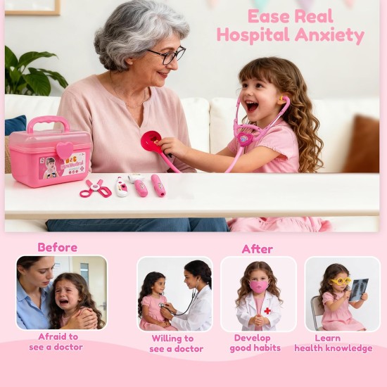Kit de docteur pour les tout-petits de 3 à 5 ans, ensemble de jeu pour enfants avec costume et stéthoscope, kit de docteur jouets pour 2 3 4 5 6 ans filles garçons filles cadeau de Noël/anniversaire, rose