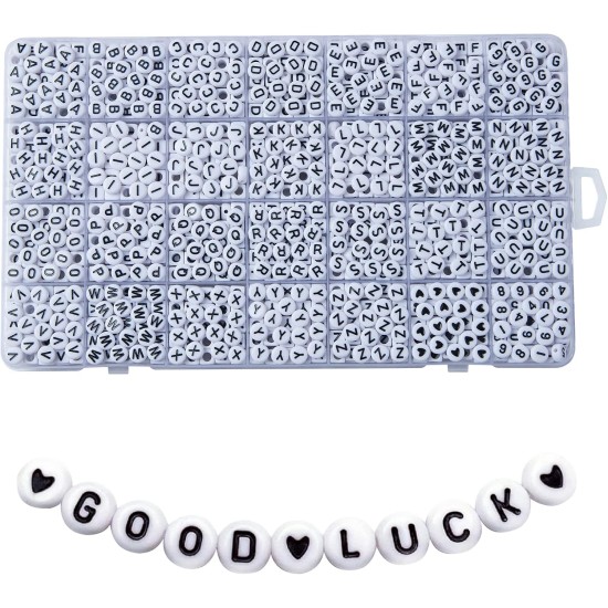 1400 pièces de perles de lettres, perles de l'alphabet en acrylique de 4x7mm, perles pour la fabrication de bijoux et de bracelets, dans une boîte de 28 grilles (blanc et noir)