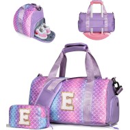 Trucs pour filles - Cadeaux d'anniversaire pour filles de 4, 5, 6, 7, 8, 9, 10, 11, 12, 13 ans, sac de sport avec compartiment à chaussures, sacs de danse avec pochette de maquillage, objets preppy pour petits-enfants (lettre E)