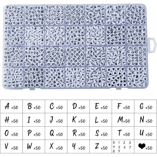1400 pièces de perles de lettres, perles de l'alphabet en acrylique de 4x7mm, perles pour la fabrication de bijoux et de bracelets, dans une boîte de 28 grilles (blanc et noir)