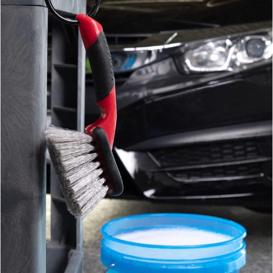 Brosse de lavage de voiture Mothers, brosse pour roues et garde-boue, nettoyant pour pneus à manche court pour les détails de voiture, 10 pouces, rouge/noir