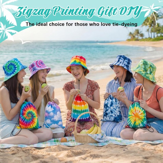 Silkfly Lot de 48 ensembles de teinture comprenant 24 chapeaux bob en coton blanc et 24 sacs à cordon en coton blanc pour cadeau de teinture par nouage, bricolage vierge avec accessoire pour cadeaux de fête DIY