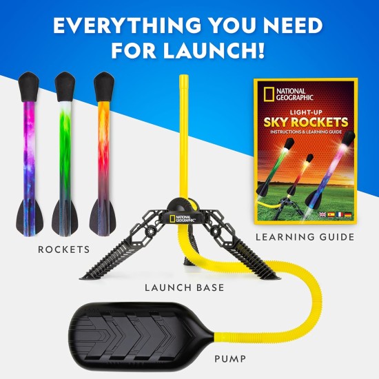 NATIONAL GEOGRAPHIC Air Rocket Toy – Lance-roquettes LED ultime pour enfants, sautez et lancez des fusées lumineuses, alimentées par air, à pointe en mousse jusqu'à 100 pieds