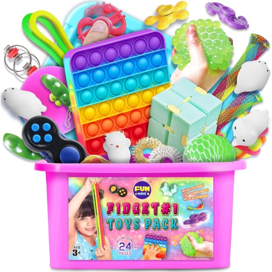 FunKidz Fidget Box pour filles et garçons, pack de jouets sensoriels mystère pour soulager le stress, cadeaux de fête pour enfants, prix de classe, voyage, camping avec étui portable