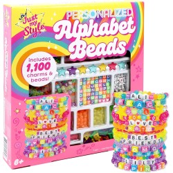 Just My Style ABC Perles par Horizon Group Usa, plus de 1000 breloques et perles, breloques alphabet, cordon de perles de cire en forme d'étoile, porte-clés en cordon de satin inclus, brillant, petit