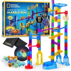 NATIONAL GEOGRAPHIC Glowing Marble Run – Ensemble de construction avec 15 billes en verre qui brillent dans le noir et sac de rangement, cadeaux STEM pour garçons et filles, jouet de projet de construction (exclusivité Amazon)