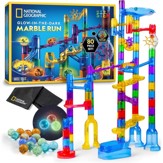 NATIONAL GEOGRAPHIC Glowing Marble Run – Ensemble de construction avec 15 billes en verre qui brillent dans le noir et sac de rangement, cadeaux STEM pour garçons et filles, jouet de projet de construction (exclusivité Amazon)