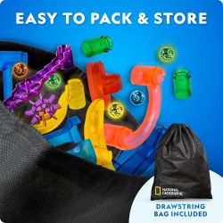 NATIONAL GEOGRAPHIC Glowing Marble Run – Ensemble de construction avec 15 billes en verre qui brillent dans le noir et sac de rangement, cadeaux STEM pour garçons et filles, jouet de projet de construction (exclusivité Amazon)